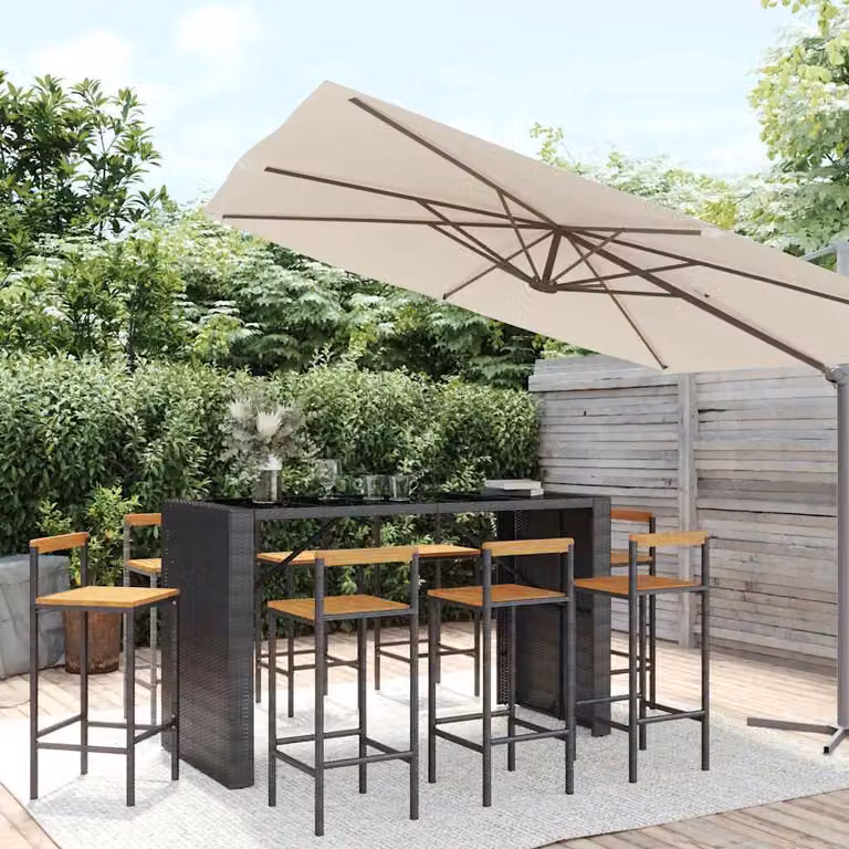 Set Bar da Giardino vidaXL in 9 Pezzi Nero con Polyrattan e Legno di Acacia
