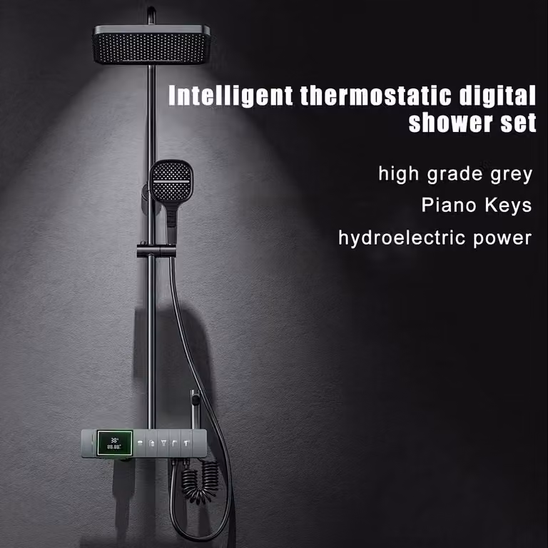 Sistema doccia - Miscelatore doccia digitale - Soffione a pioggia e getto a cascata - Montaggio a parete con display della temperatura, colore grigio