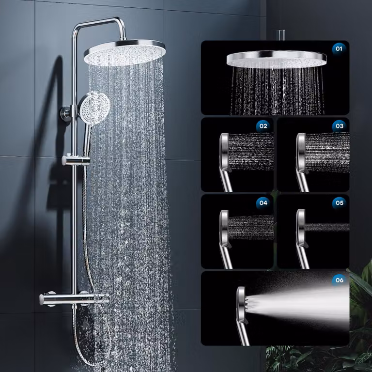 HOROW Sistema doccia con termostato, 5 modalità di getto, set doccia a pioggia grande cromato, set doccia con termostato, regolabile in altezza, soffione grande 30 cm