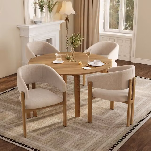 Set di 4 sedie con braccioli ergonomici in metallo e lino naturale e beige