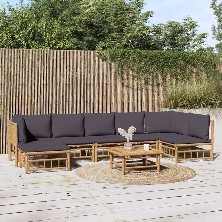 Set Salotto da Giardino vidaXL 8 Pezzi in Bambù con Cuscini Grigio Scuro e Marrone