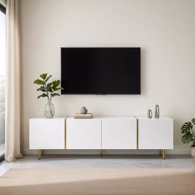 Cassettiera per TV KOMHTOM bianca in MDF con finitura lucida e cassetti soft-close, L: 170 cm, P: 35 cm, H: 46 cm – 1
