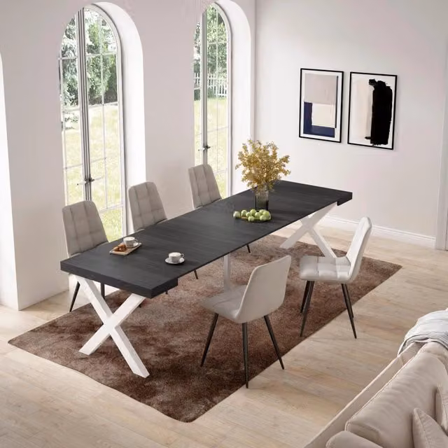 Consolle allungabile, 58 fino 302x90x73cm, Per 14 persone, Gambe in legno, Nero RF2840