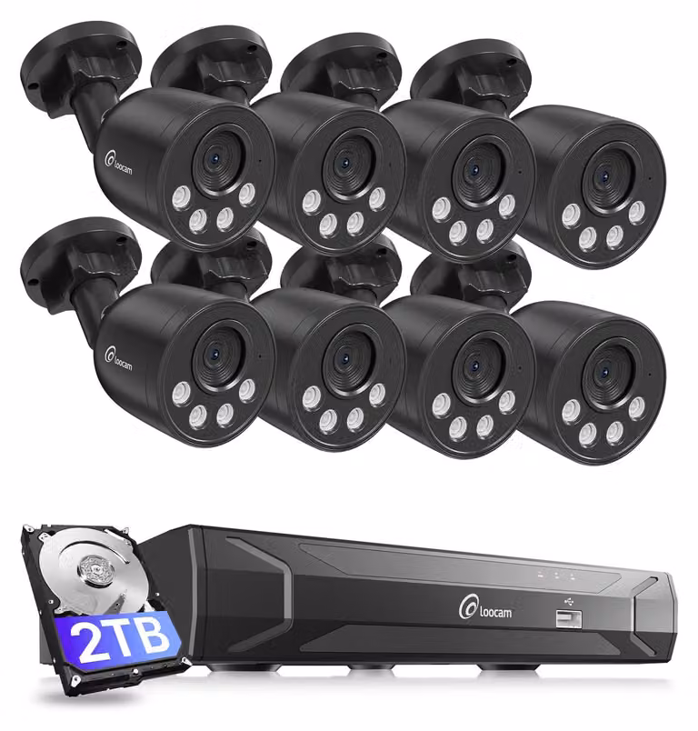 Kit di telecamere di sicurezza da 8 pezzi - 4MP Ultra HD - 2TB di capacità - Cablato PoE - Nero - Sistema di sicurezza per esterni