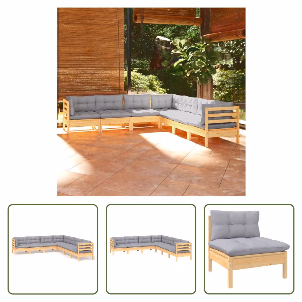 The Living Store Set da salotto da giardino 7 pezzi con cuscini grigi in legno di pino massiccio