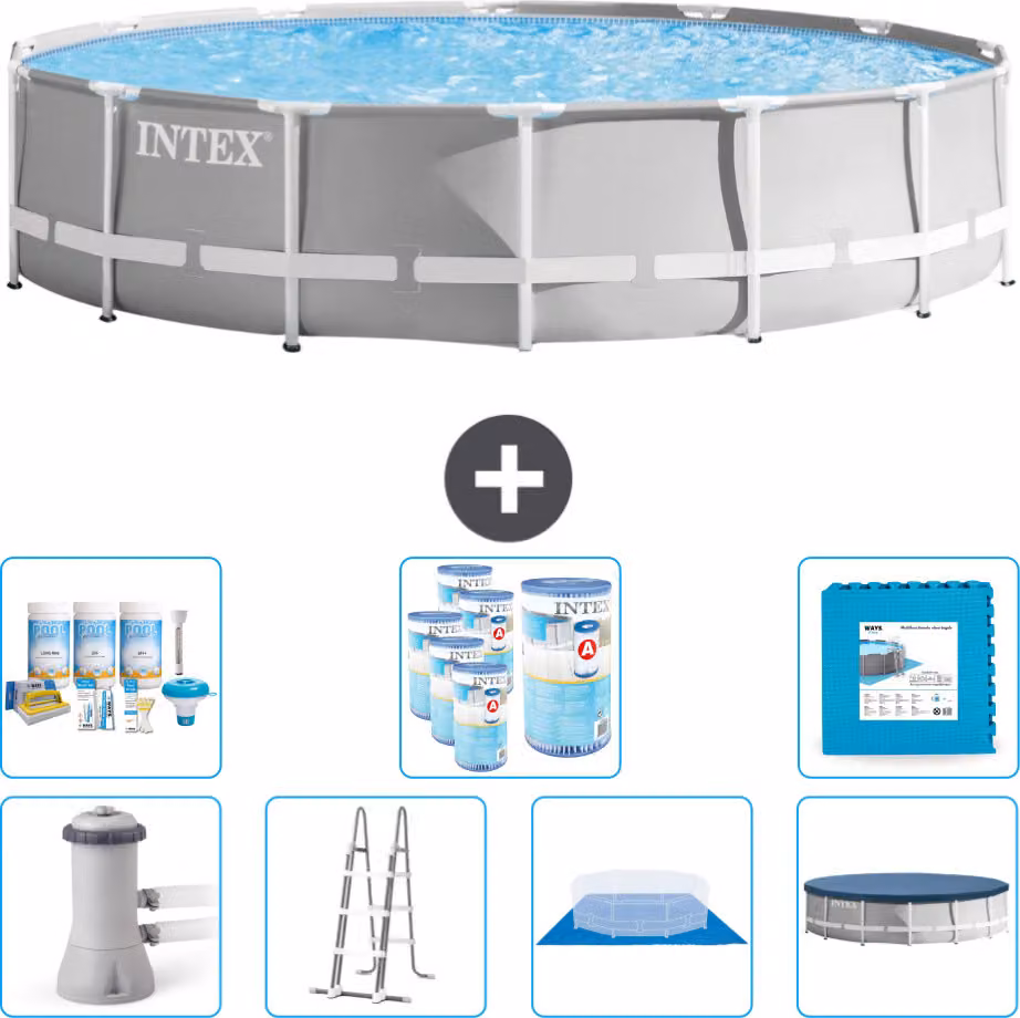 Piscina Intex Round Prism Frame - 427 x 107 cm - Grigio - inclusa pompa - scaletta - telo di fondo - pacchetto di manutenzione della copertura - filtro - piastrelle per il pavimento