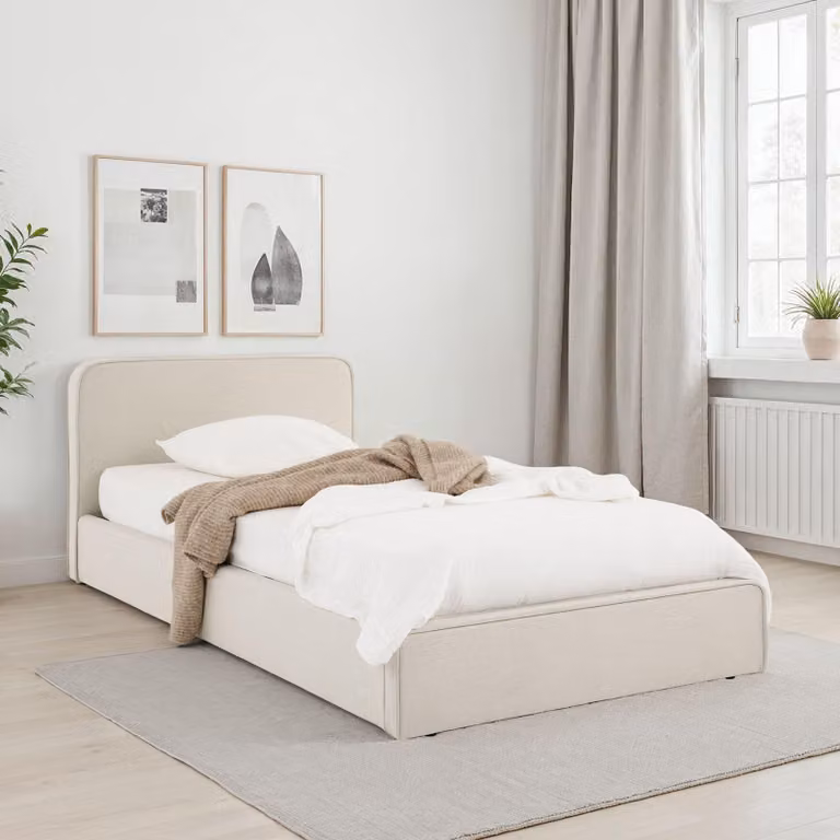 Letto singolo imbottito MARINI 90x200 cm in bianco panna - letto imbottito con rete a doghe, design moderno e robusta struttura in legno con piedini in plastica