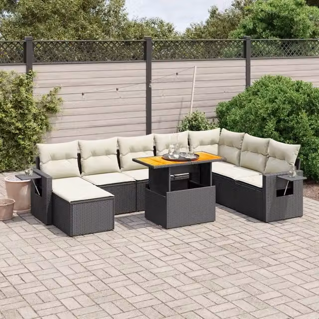 Set Divani da Giardino 9 pz con Cuscini Nero in Polyrattan 3275737
