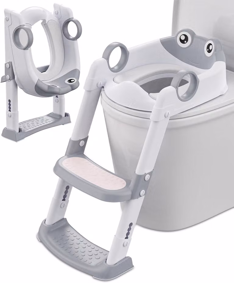 Riduttore per WC per bambini con gradino, regolabile in altezza, pieghevole, antiscivolo, bianco/grigio, per il bagno