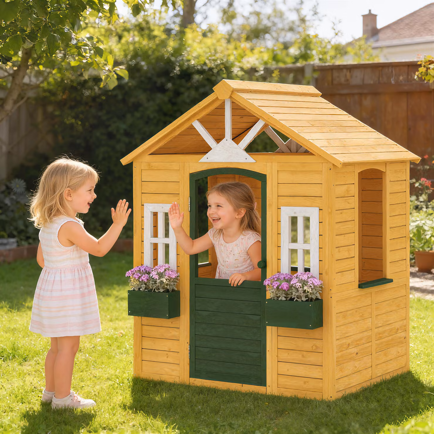 AIYAPLAY Casetta da giardino in legno per bambini con porta, 3 finestre e 2 fioriere, Marrone, L/P/H: 134,5 x 97 x 150 cm – 2