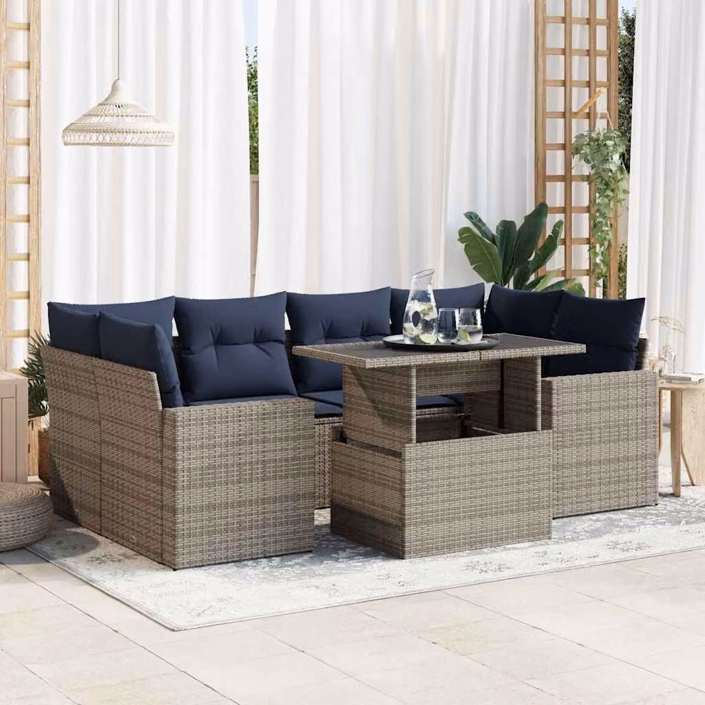 Set da giardino vidaXL composto da 7 pezzi con cuscini e tavolino, design moderno a forma di U in polyrattan grigio con struttura in metallo