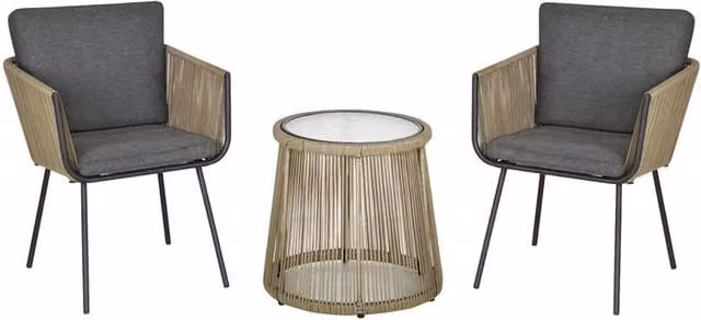 SET 2 POLTRONCINE CON TAVOLINO DA ESTERNO IN PE RATTAN CACHI E GRIGIO