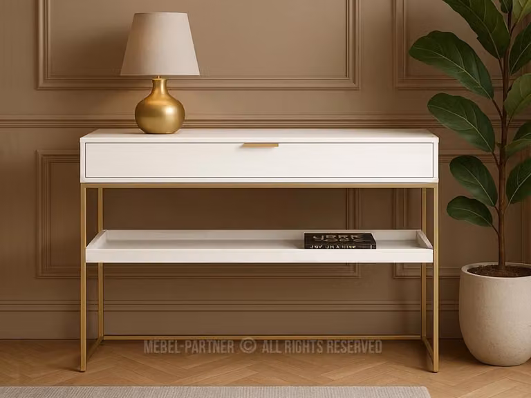 Consolle NIRAI con ripiano e cassetto - bianco / oro