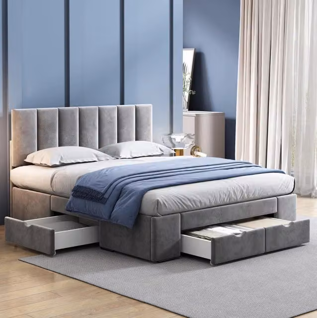 Letto matrimoniale 140x200 cm in velluto grigio con 4 cassetti e testiera regolabile