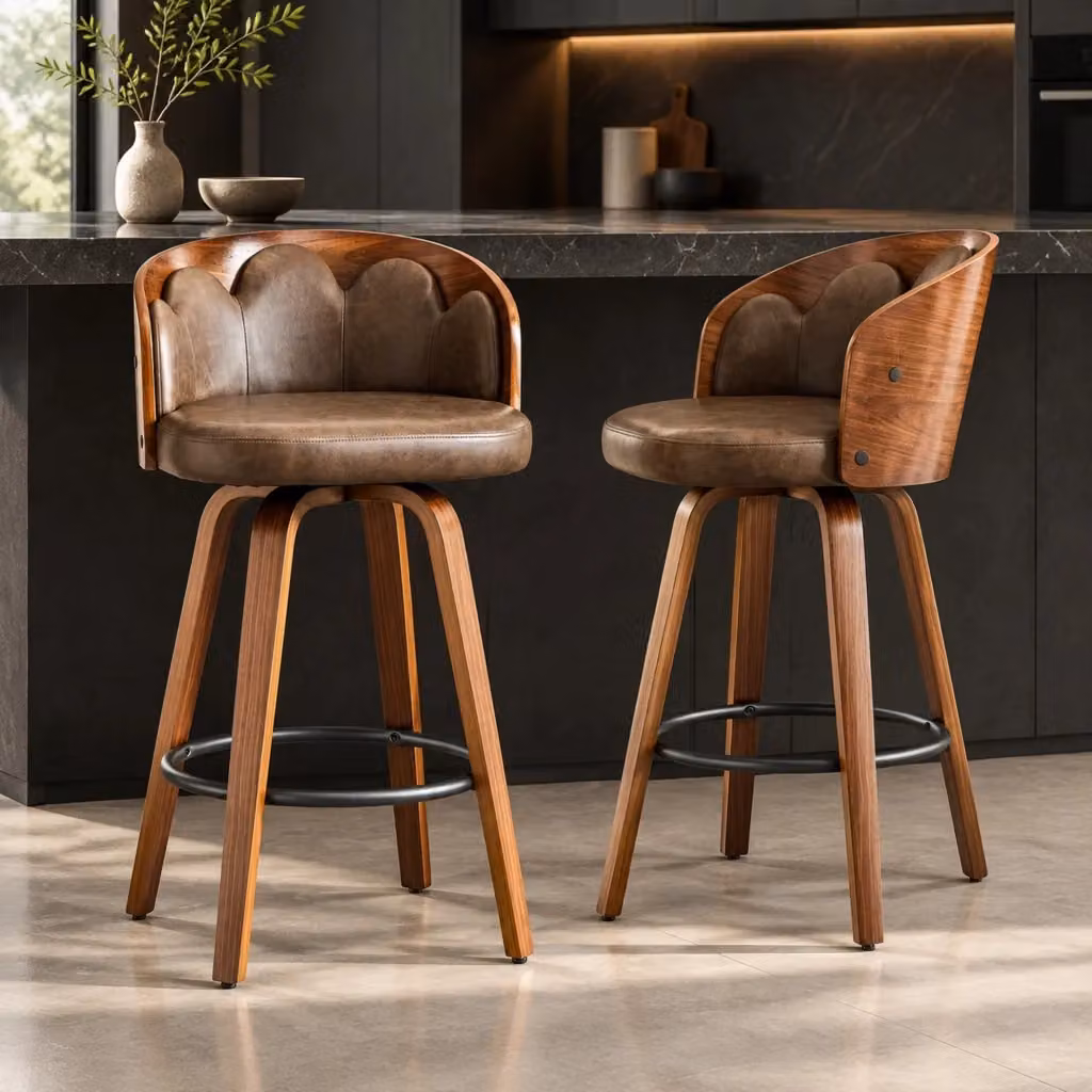 Sgabello da bar MIVRAY con schienale a fiore in legno curvato, rivestimento in similpelle marrone e poggiapiedi in metallo nero in stile mid-century – 2
