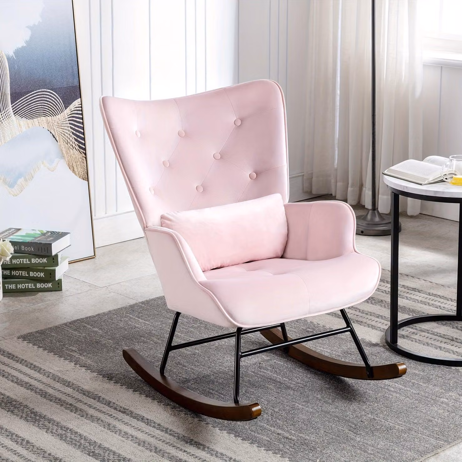Sedia a dondolo - Poltrona - Sedia relax - Sedia a dondolo per la cameretta dei bambini - Rivestimento rosa - Struttura in legno robusta
