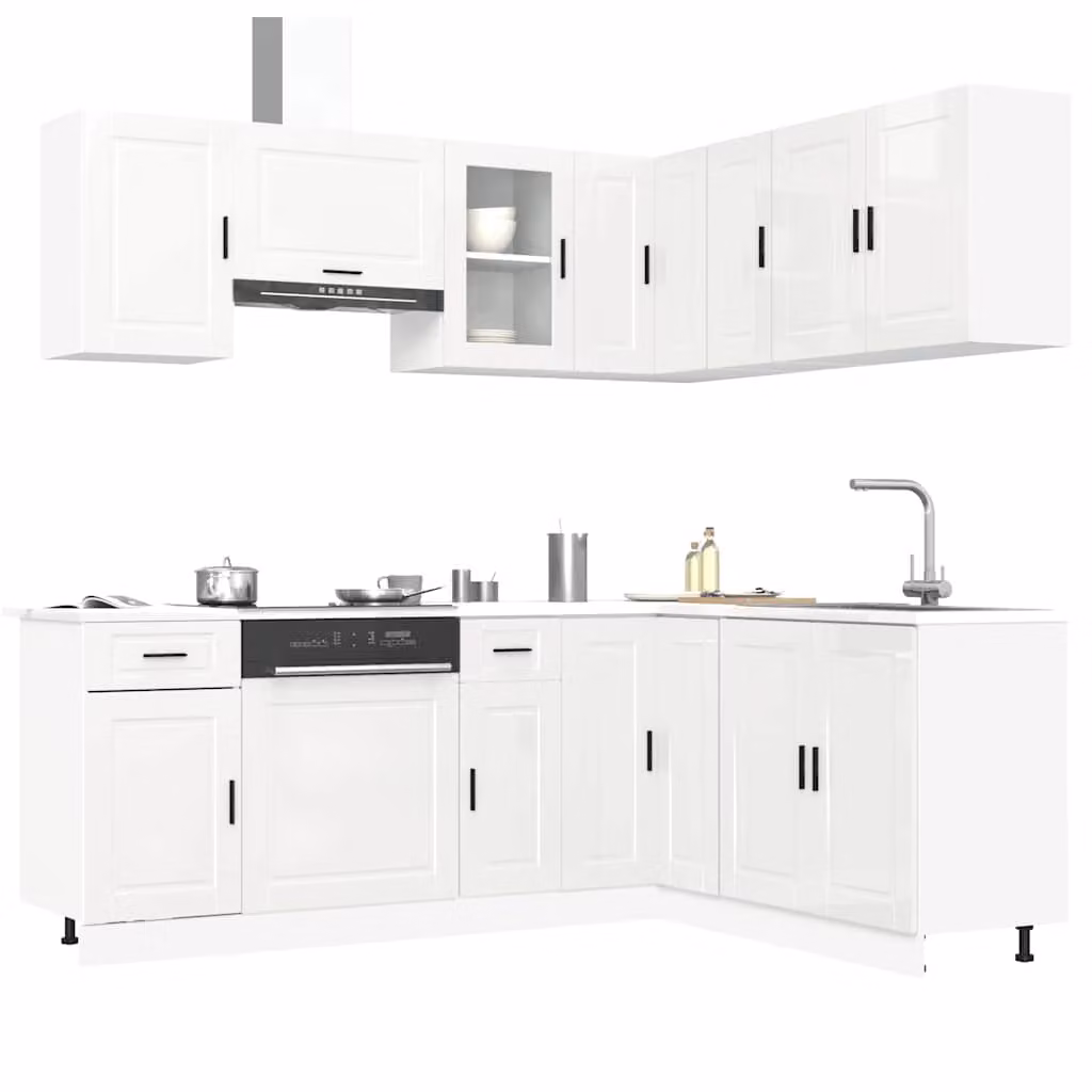Set di mobili da cucina moderno vidaXL composto da 11 pezzi in bianco lucido con ante a cerniera e cassetti
