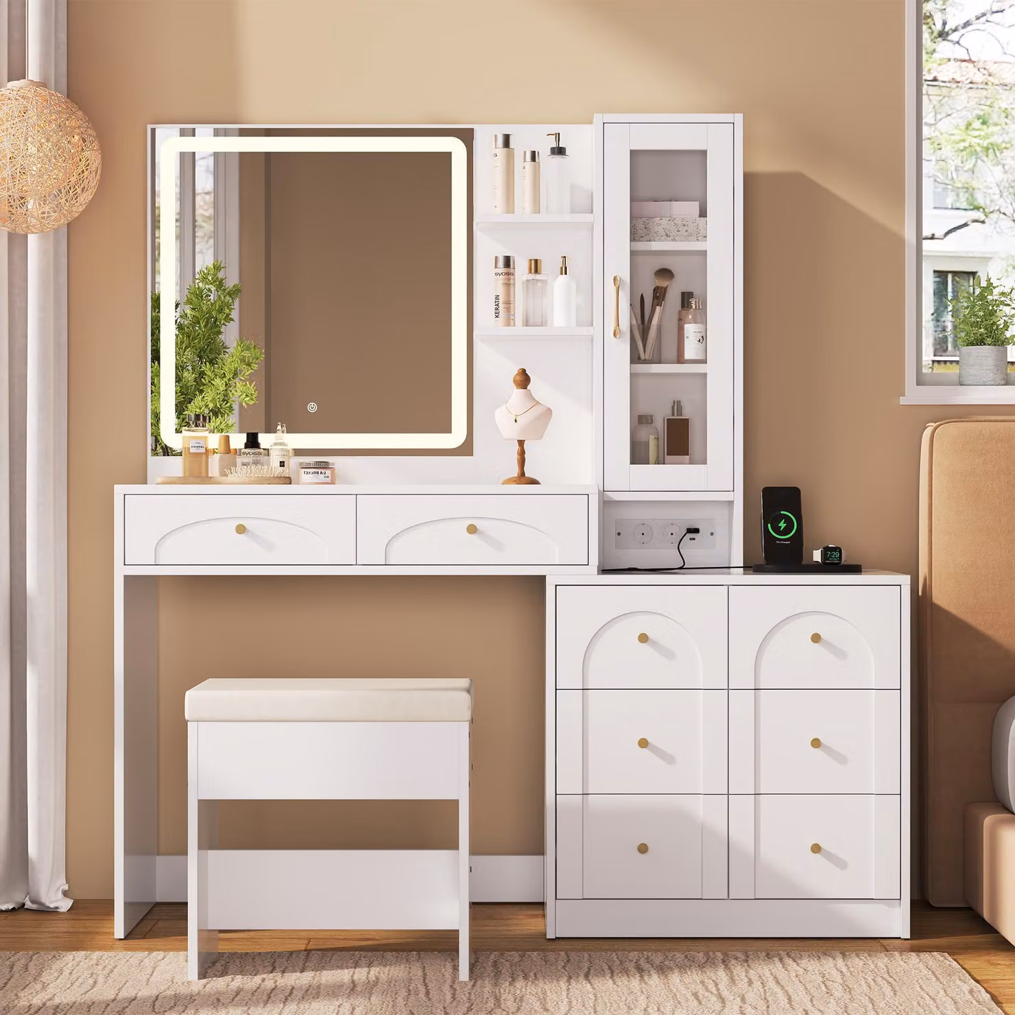 Comò da trucco grande con specchio a LED, presa di corrente, 8 cassetti e sgabello – Comò moderno con 2 ripiani e 1 vetrina