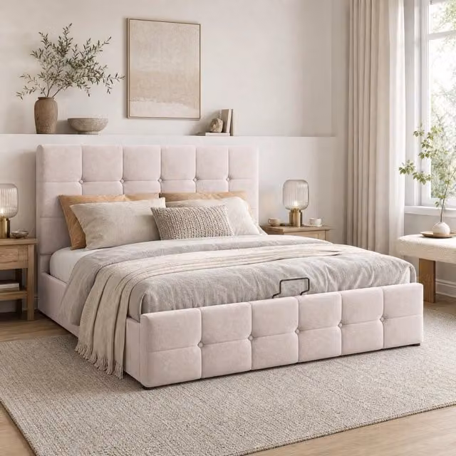 Letto Contenitore REDOM in Velluto Beige con Rete Alzabile L: 140 cm, P: 200 cm, H: 106 cm – 1