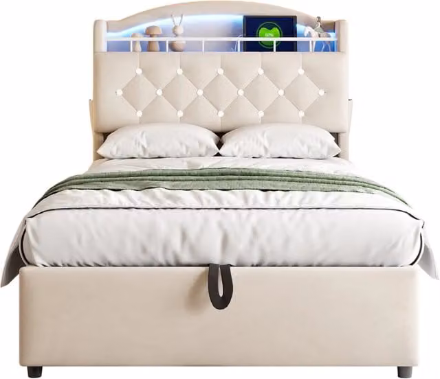 Letto singolo bambini 90x200 beige in tessuto peluche con contenitore， LED e USB， senza materasso