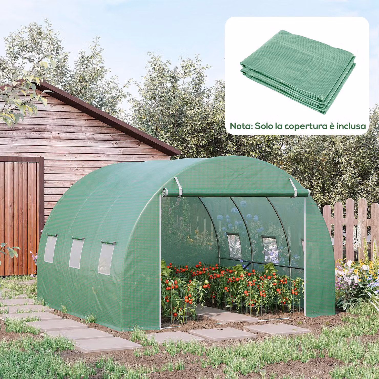 Telo Serra Outsunny in PE Verde con 6 Finestre, Porta Avvolgibile e Bordi Interrati, L: 3 m, P: 3 m, H: 2 m – 2