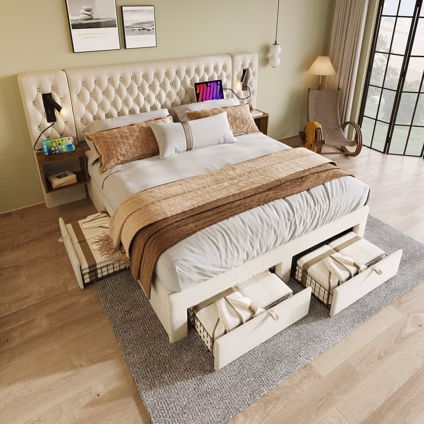 Letto imbottito STILVORA 160 x 200 cm, letto matrimoniale con porta USB e luce di lettura, letto con contenitore, comodini e cassetti, beige (senza materasso)