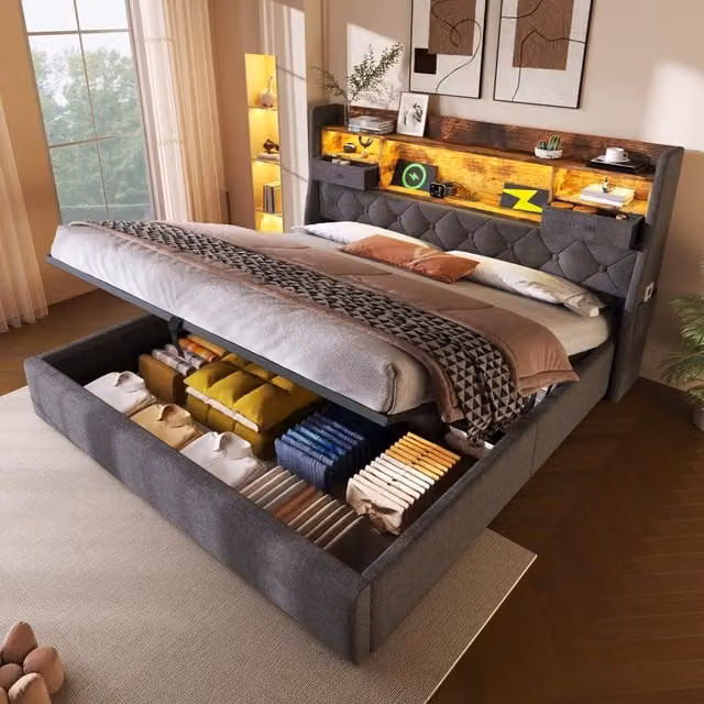 Letto matrimoniale 140 × 200 cm con contenitore idraulico, LED, 3 USB e porta tipo C, senza materasso, lino grigio