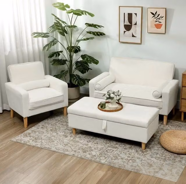 Divano 2 posti ULEVR 130 cm con imbottitura in schiuma e molle a S, rivestimento in poliestere bianco crema