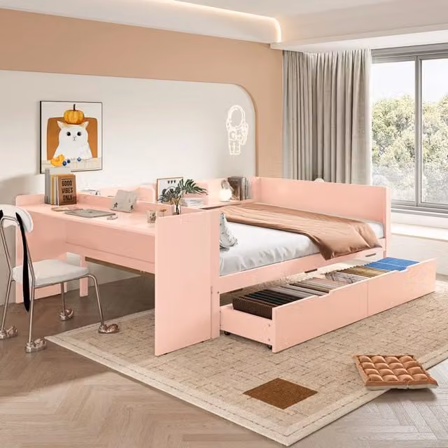 Letto basso con scrivania in pino e truciolare 140x200 cm