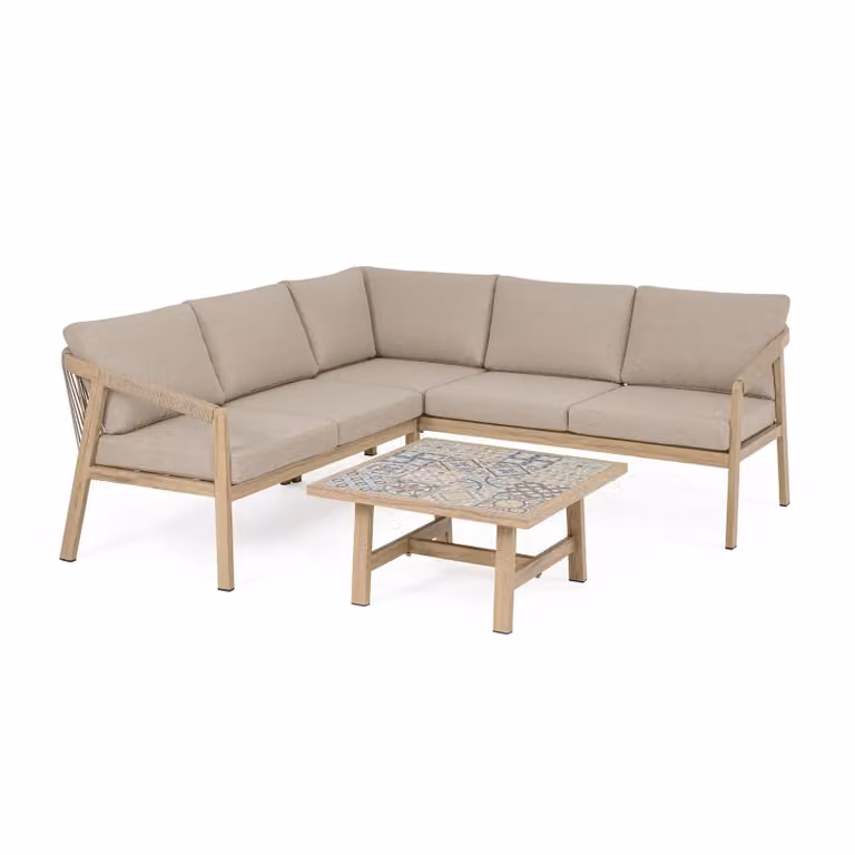 Set salotto angolare da giardino ALVOR con cuscini, intreccio in corda e struttura in alluminio effetto legno