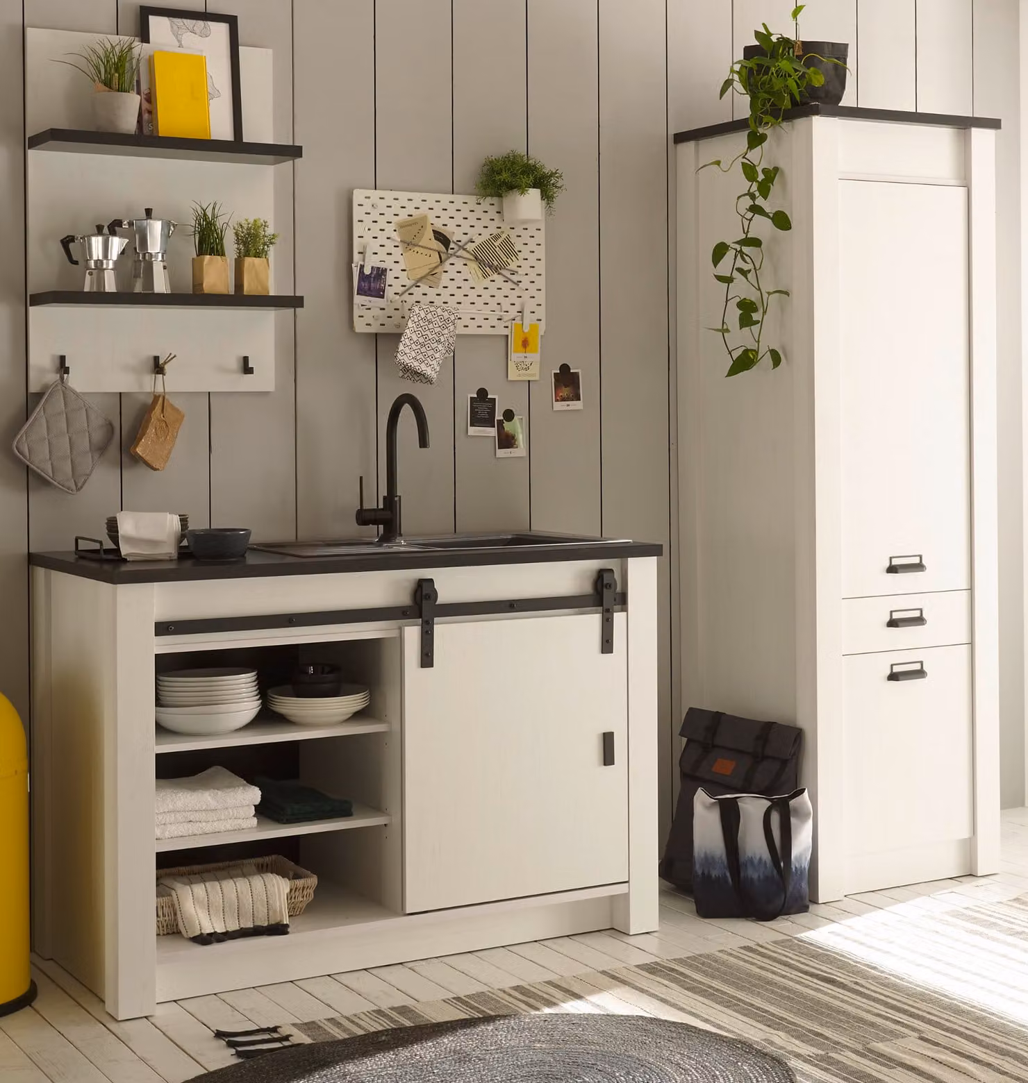 Cucina "Stove" in pino bianco e antracite Set di mobili da cucina 3 pezzi