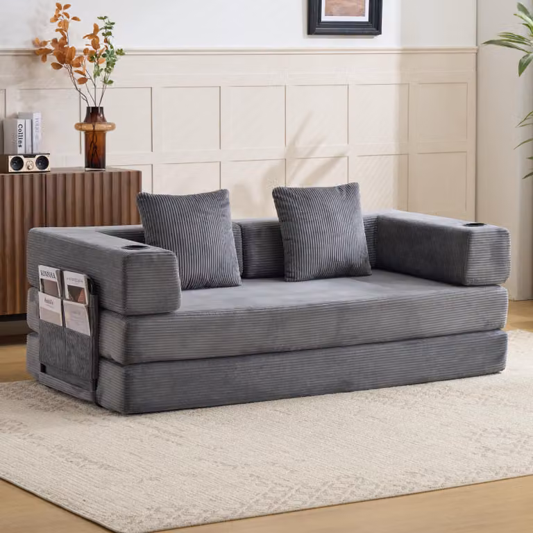 Divano a pavimento, divano componibile, trasformabile, con cuscini, braccioli, portabicchieri, tasche laterali, rivestito in tessuto corduroy, ideale per soggiorno/camera da letto. L3