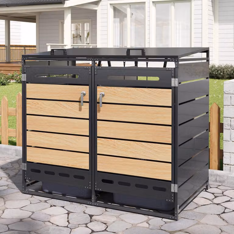 Merax Box per bidoni della spazzatura singolo con coperchio idraulico, rivestimento in metallo effetto legno, orizzontale, ventilato e chiudibile a chiave, box da giardino per bidoni della spazzatura, nero