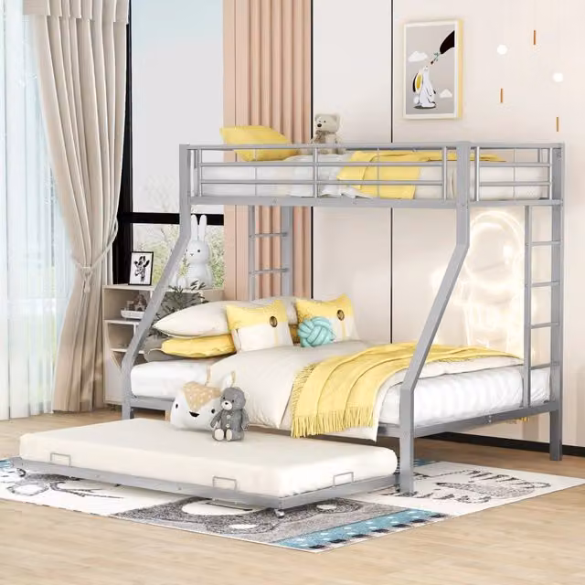 Letto a castello moderno in metallo color argento con letto estraibile e doppia scala per bambini L/P/H: 204 x 140 x 160 cm