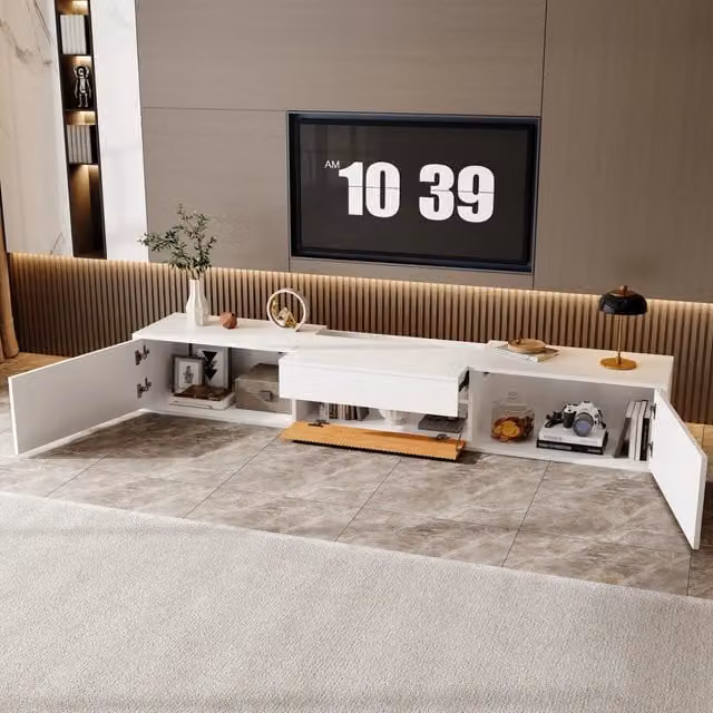Mobile TV con piano estraibile per proiettore, ante e vani aperti, per soggiorno, in truciolare bianco, 180 × 34 × 30 cm
