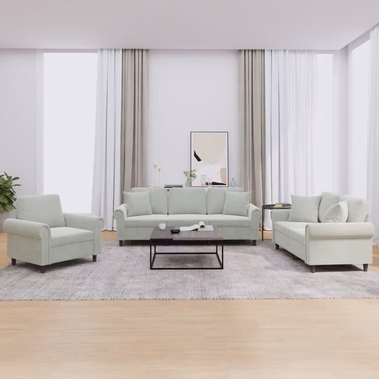 Set di divani 3 pezzi vidaXL in velluto grigio con cuscini per soggiorno