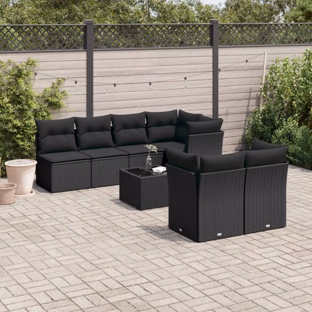 vidaXL Set Divani da Giardino a L con Cuscini 8 pz in Polyrattan Nero e Tavolino da Esterno – 1