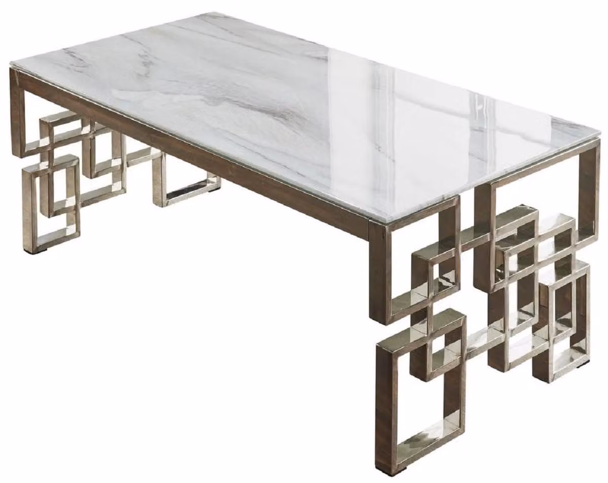 Tavolino Casa Padrino argento/bianco 120 x 60 x h. 45 cm - Tavolo rettangolare da soggiorno con gambe in acciaio inox e piano in vetro marmo - Mobili per il soggiorno