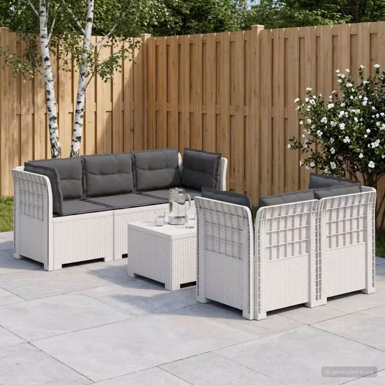 Set da giardino vidaXL a forma di L con divano da 3 posti, elemento angolare, tavolino da caffè e cuscini in stile rattan bianco e antracite