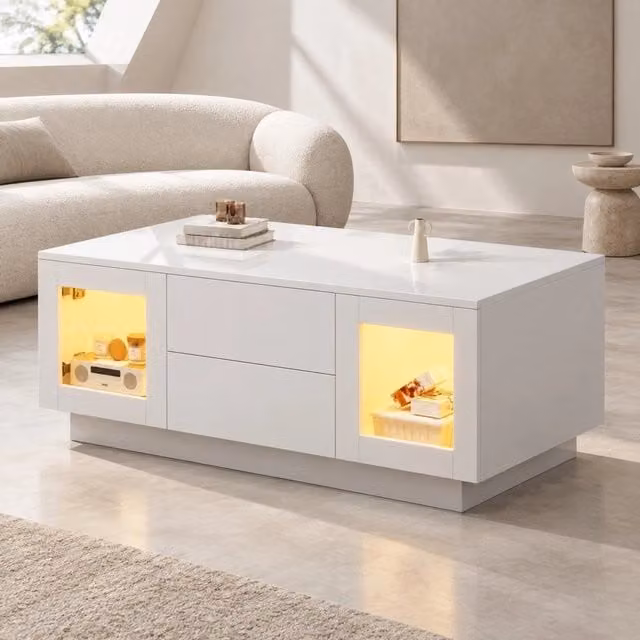 Tavolino da salotto fisso con 2 cassetti e 2 ante con LED controllabile da app e voce per soggiorno 100×50×40 cm