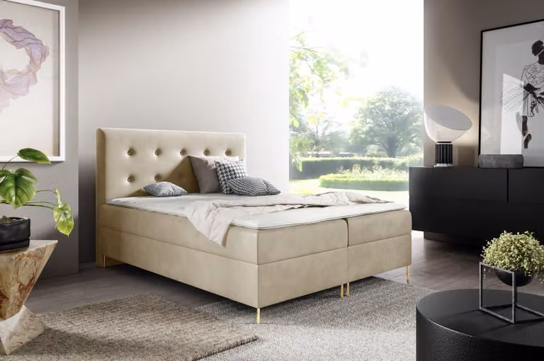 GUTTO Letto con materasso a molle LOUI 140 x 200cm 2x Contenitore TOPPER 5cm libero velluto beige gambe alte dorate