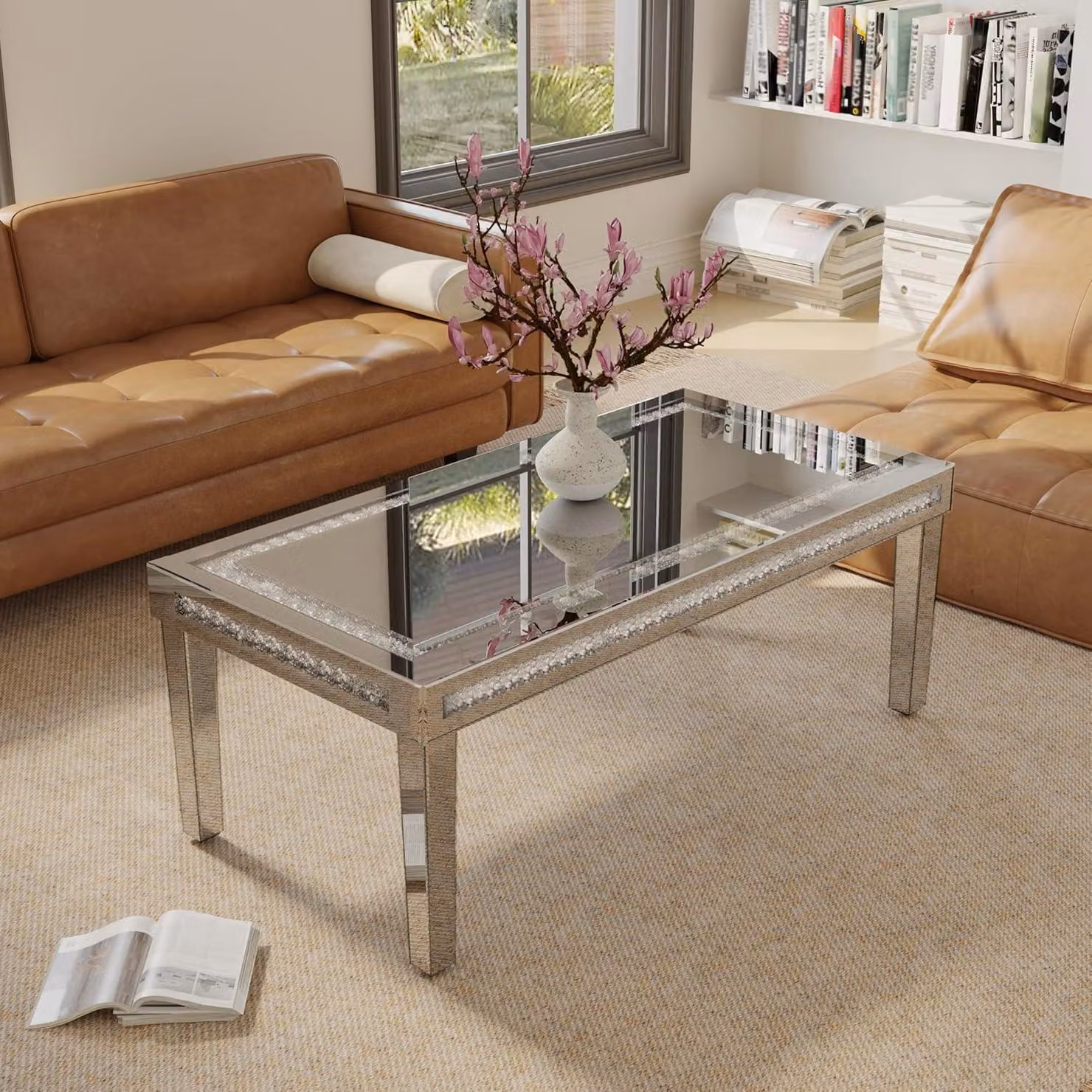 Tavolino rettangolare, dimensioni 120x60x45 cm, colore argento, con piano in vetro cristallo e finitura specchiata