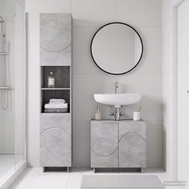 Set di mobili da bagno moderno vidaXL composto da mobile sottolavabo e colonna alta in MDF grigio opaco L/P/H: 60,0 x 41,0 x 82,0 cm e 41,47 x 30,0 x 120,0 cm