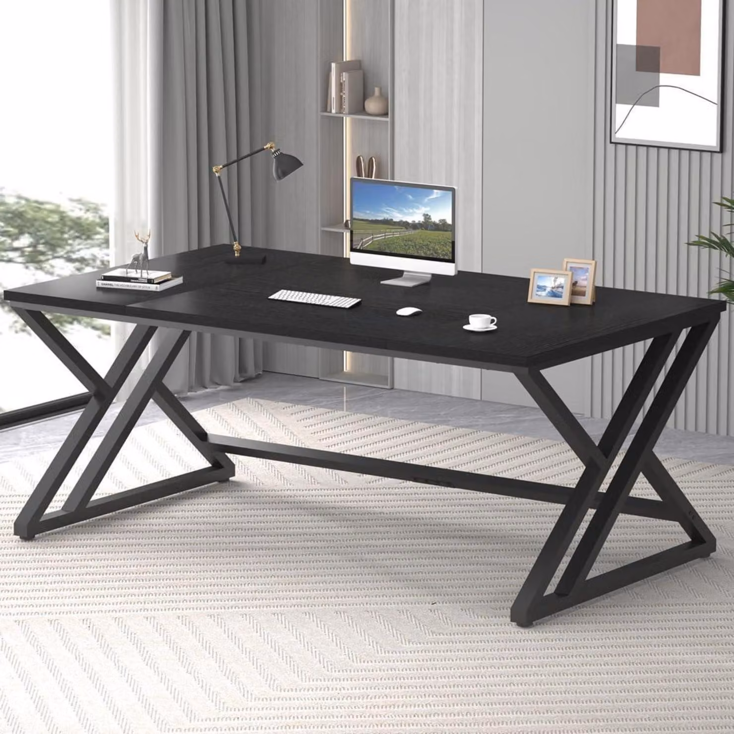 Scrivania, scrivania per computer, scrivania da ufficio, scrivania per l'ufficio domestico, scrivania per lo studio, PC da gaming, scrivania in legno e metallo, colore nero, dimensioni 180 x 80 cm