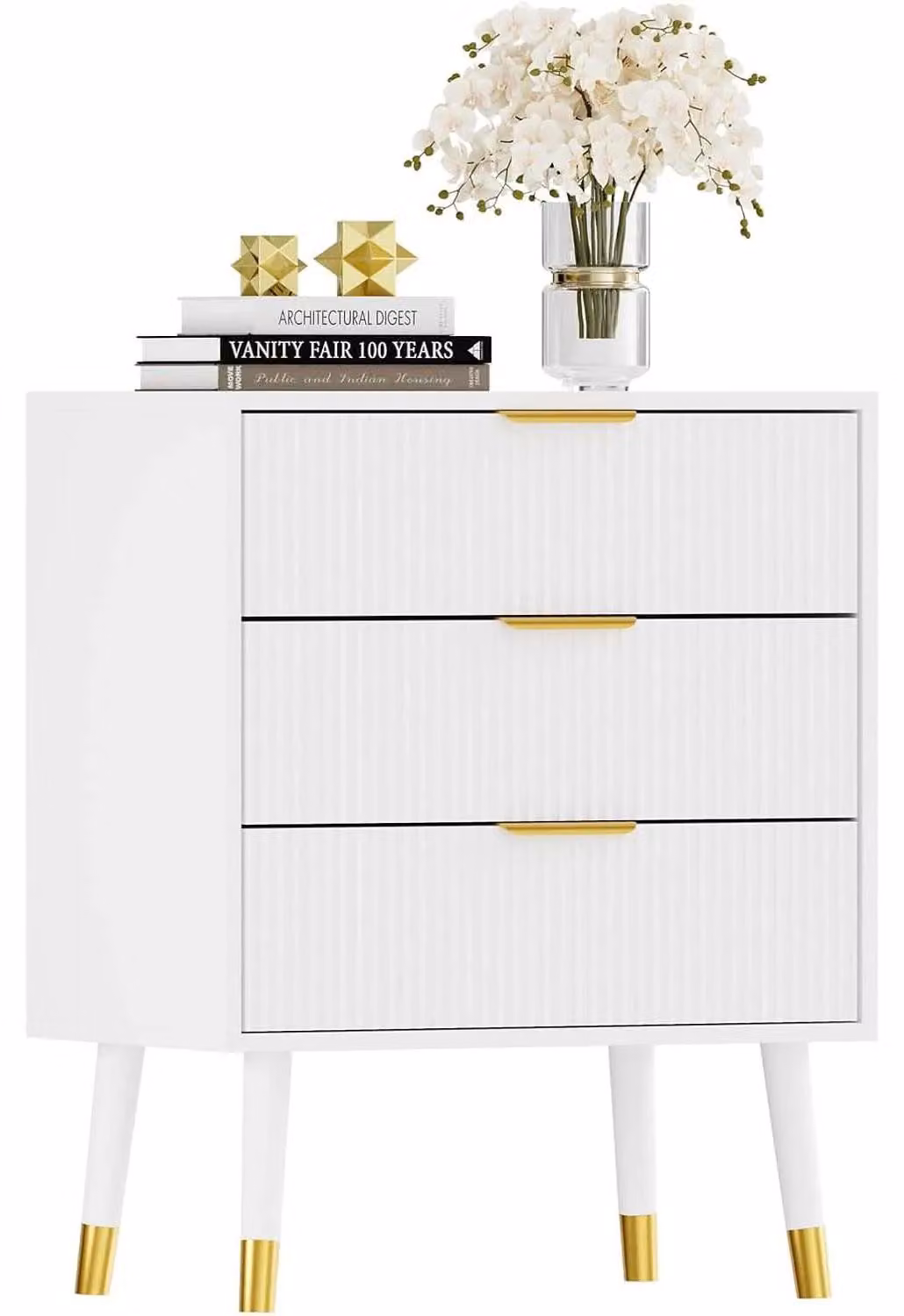 Comodino con 3 cassetti - Design sagomato - Maniglie in metallo - Struttura in legno - Ideale per la camera da letto - Bianco