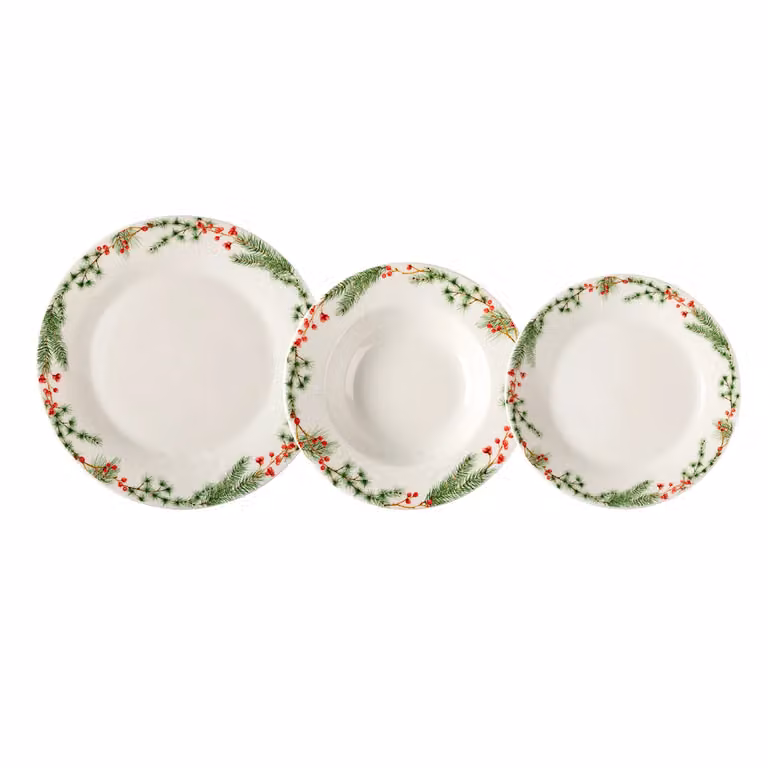 Servizio di piatti natalizio Pure Pine Vestiamo Casa in porcellana, 12 pezzi, decorazione floreale bianco, verde e rosso