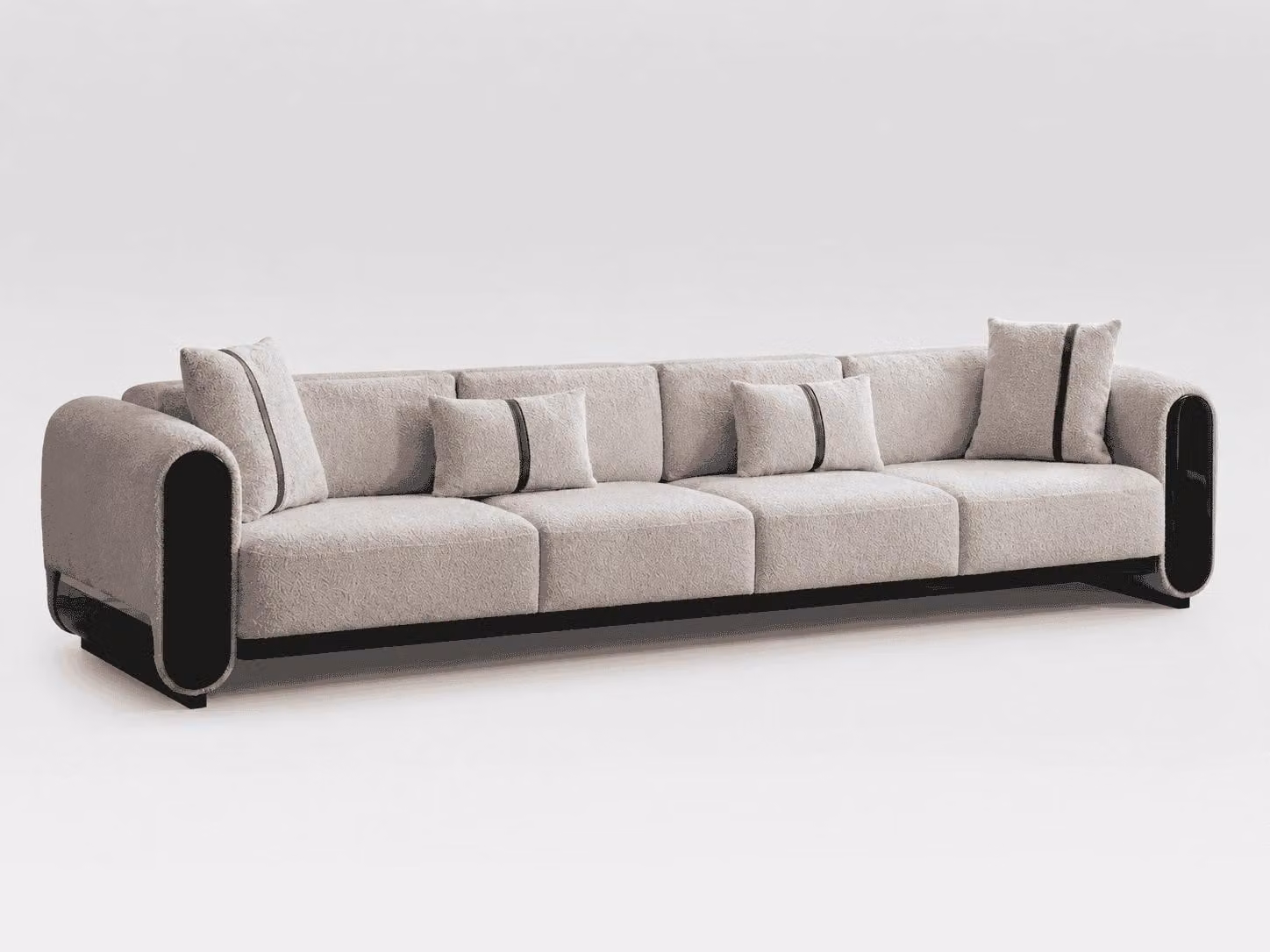 Divano a 4 posti, colore beige, tessuto, struttura in legno, design moderno e contemporaneo, ideale per l'arredamento della zona living