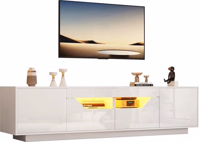 Mobile TV con 2 Ante; 2 Cassetti e 2 Vani; LED; Frontale Lucido; per Soggiorno; 180×40×45 cm; Bianco