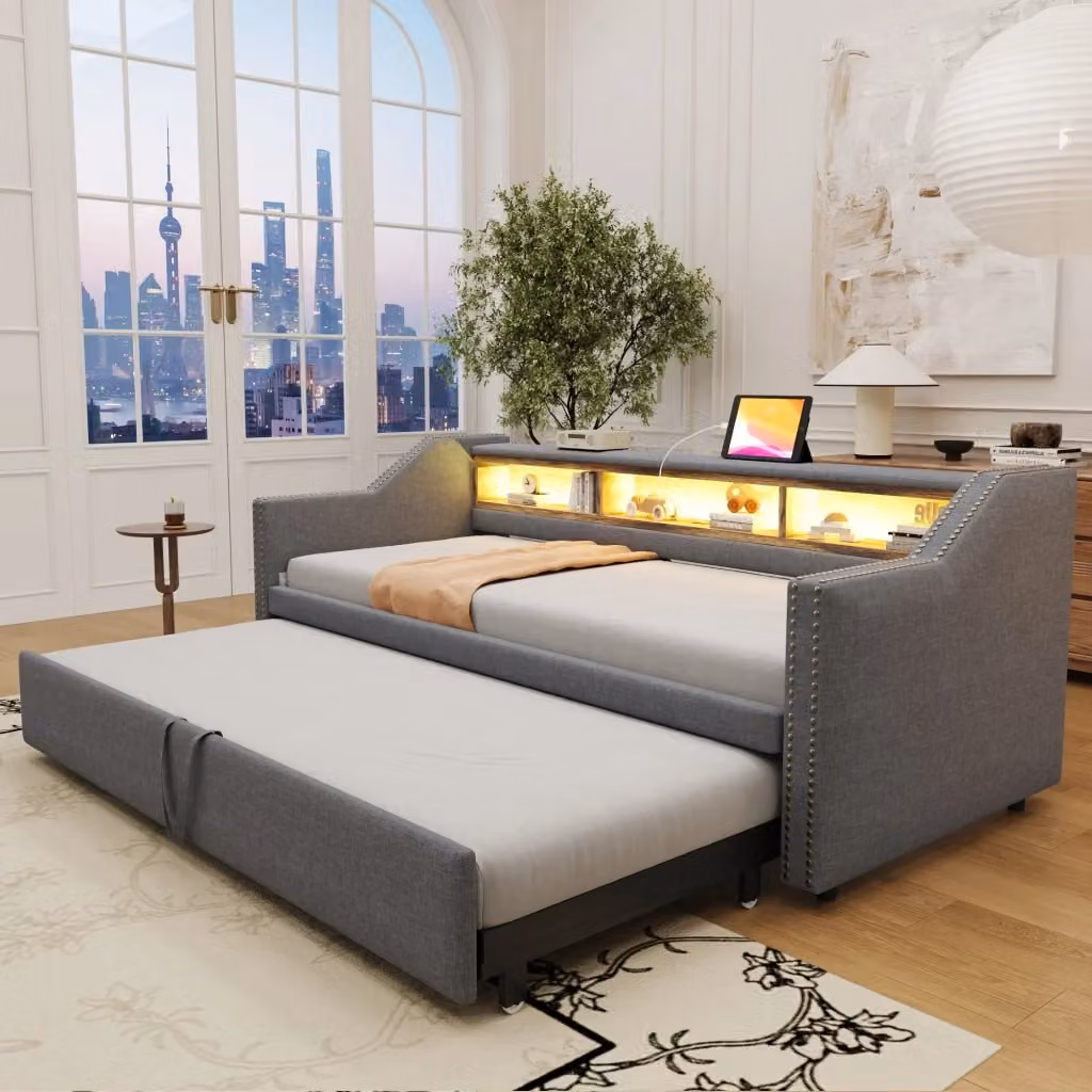 Letto estraibile matrimoniale moderno con porta USB e ripiani laterali, colore grigio, L/P: 180 x 190 cm o 90 x 190 cm – 2