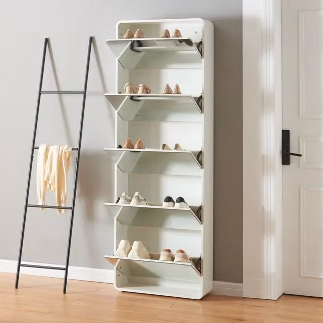 Scarpiera Aure con Ante a Specchio e 5 Contenitori Ribaltabili 180 x 63 x 24 cm Bianco [en.casa]